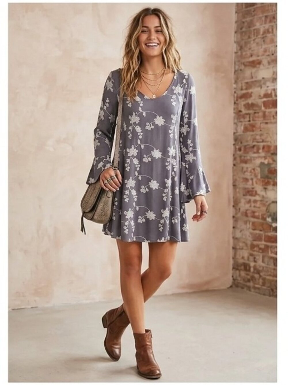 Altar'd-State Small Cool Grey Floral Embroidered Flare Sleeve Cut-Out Back Mini